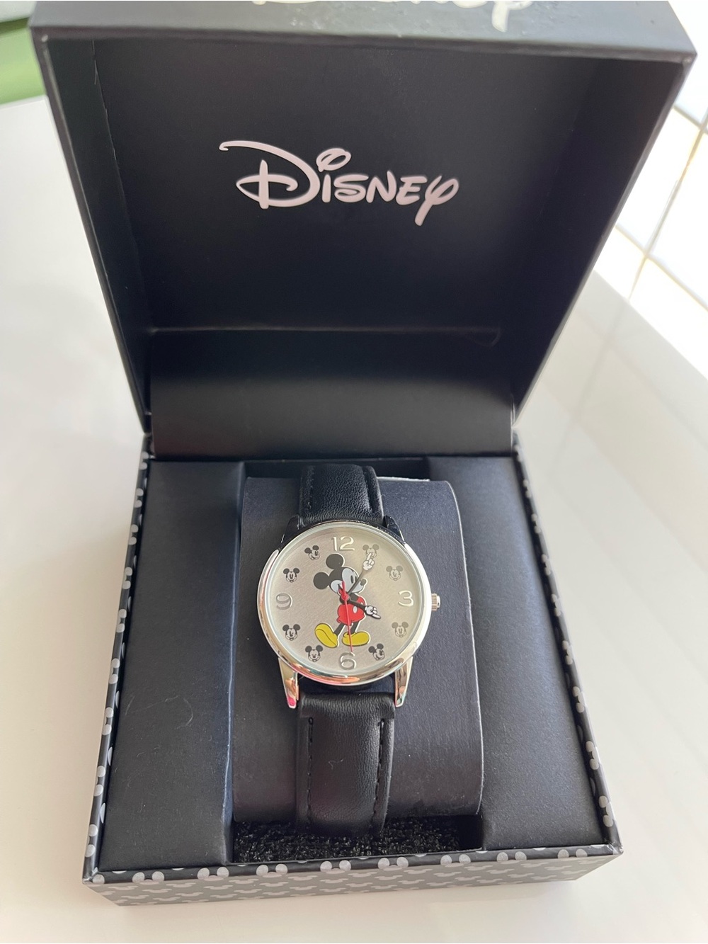 Disney Black Leather Mickey Mouse Watch with Red and Yellow Accents